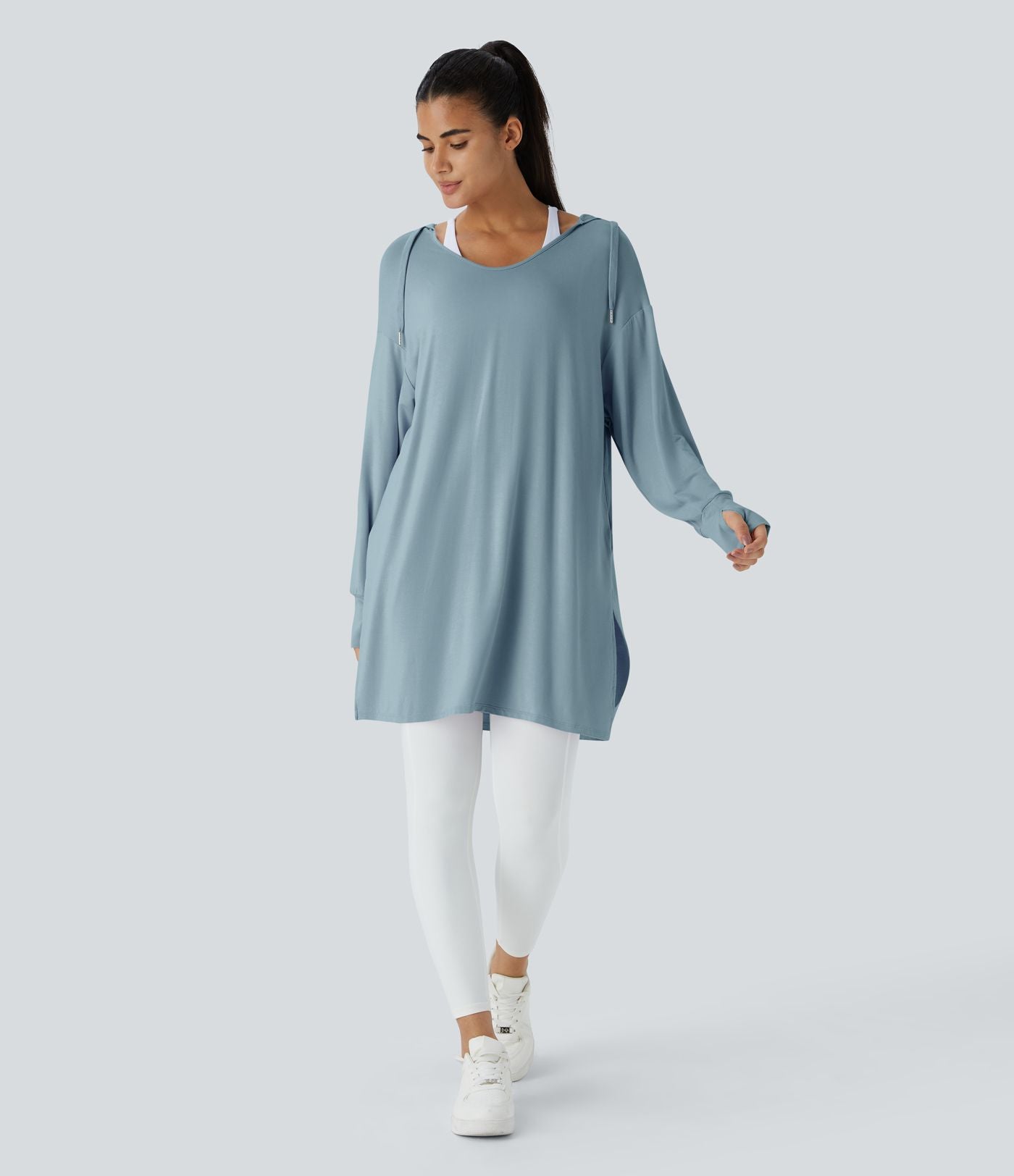 Sweatshirt Casual à Capuche Encolure en V Cordon de Serrage Trou pour le Pouce Fente et Coupe Longue