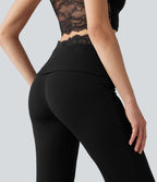 Pantalon décontracté évasé à taille mi-haute en maille côtelée extensible avec poches