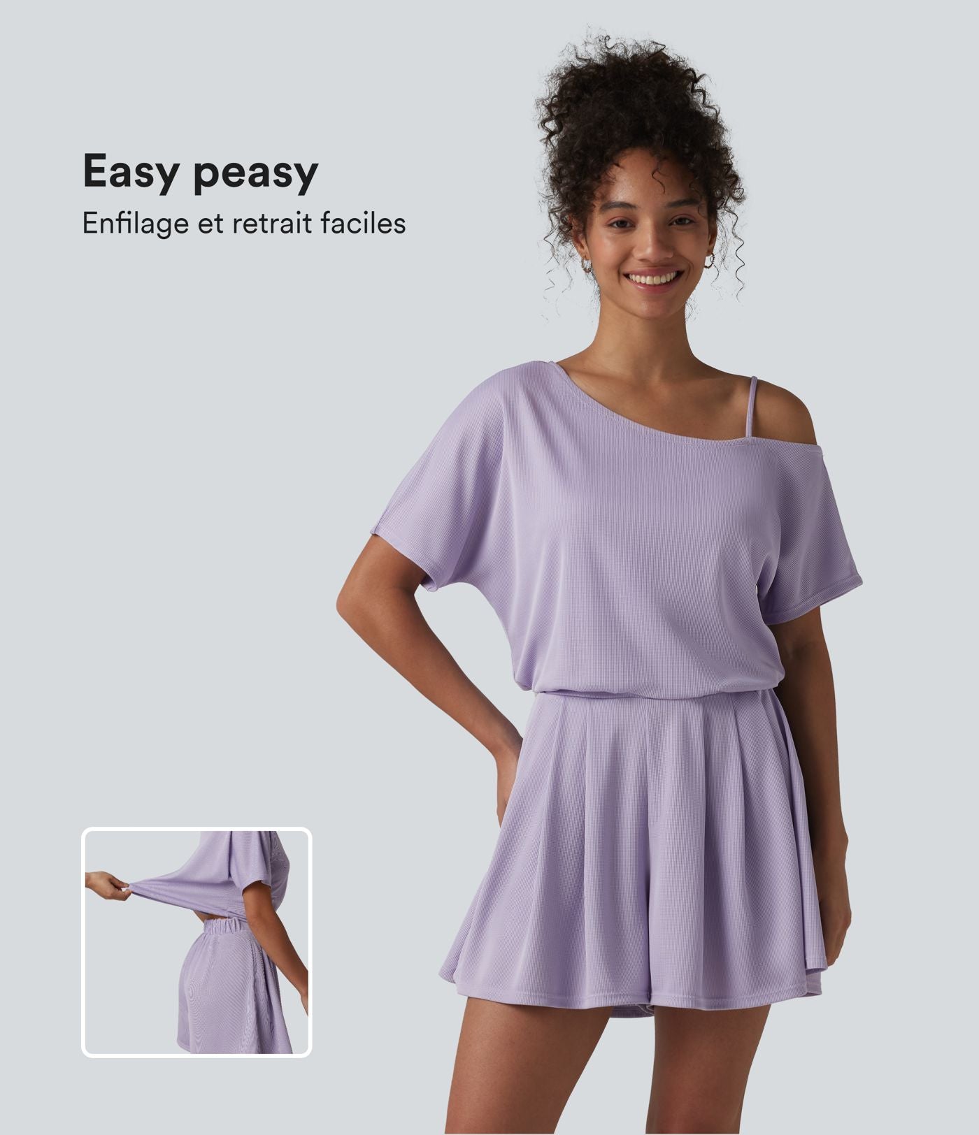 Combishort casual asymétrique manches courtes plissé en nid d'abeille avec poches - Édition Easy Peasy