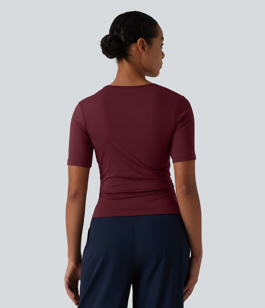T-shirt décontracté asymétrique manches courtes froncé