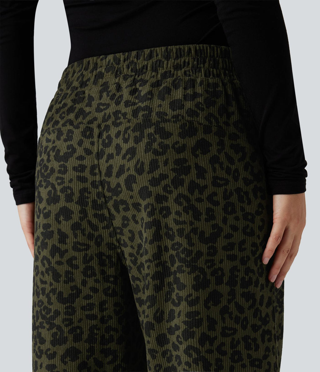 Pantalon léopard velours côtelé imprimé coupe droite mop taille haute avec poches