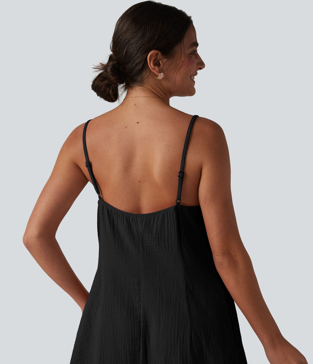 Robe nuisette mini fluide casual en coton bretelles réglables avec poches