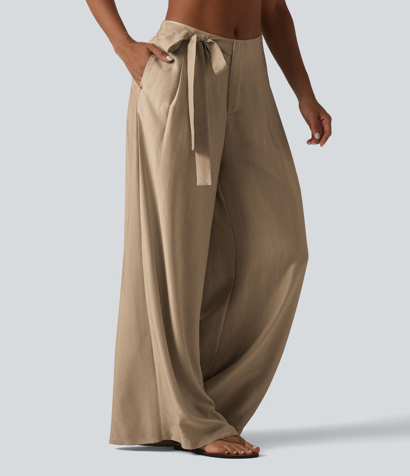 Pantalon large fluide taille haute en lin mélangé avec poches et liens latéraux