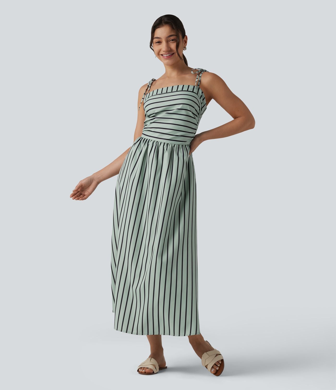 Robe midi rayée bretelles fines avec laçage et poches
