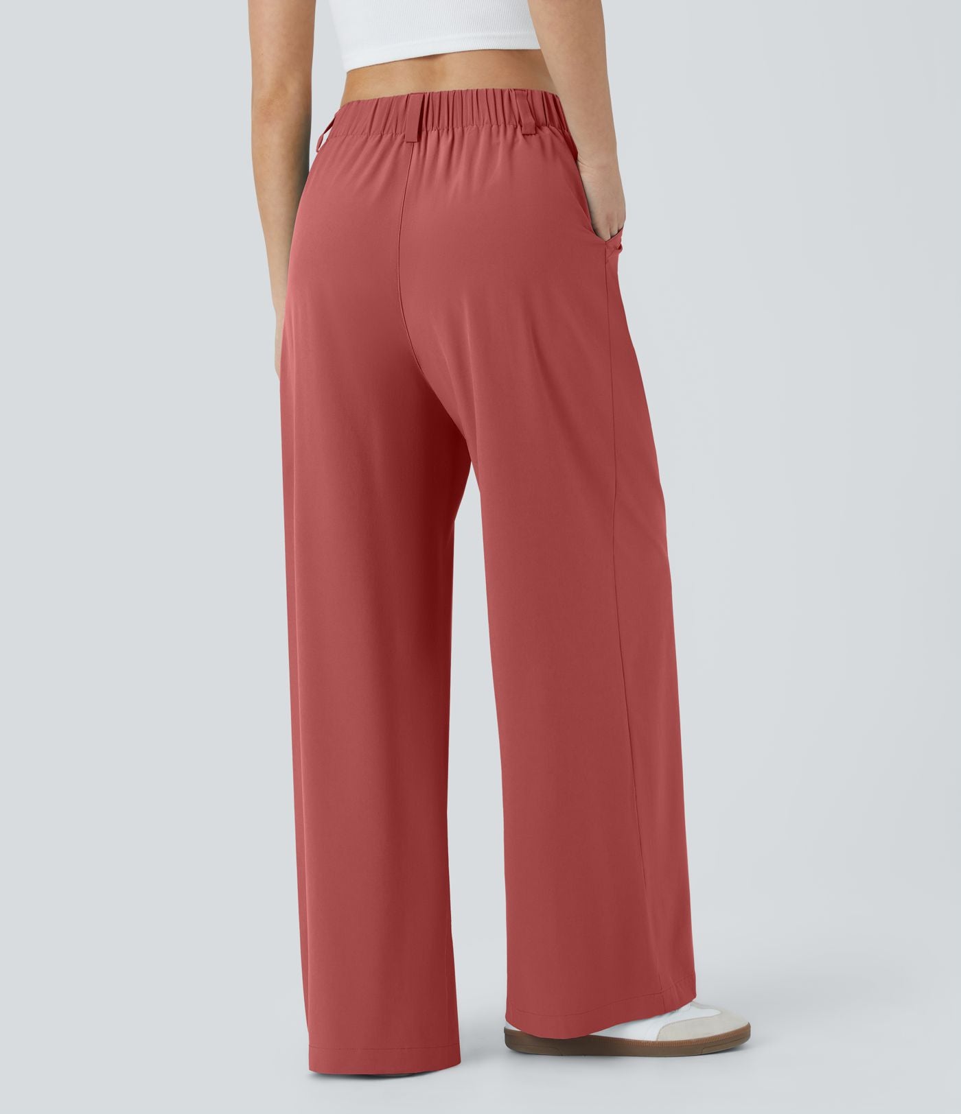 Breezeful™ Pantalon Large Fluide Taille Haute Poches Latérales Palazzo Solide Casual Linen-Feel