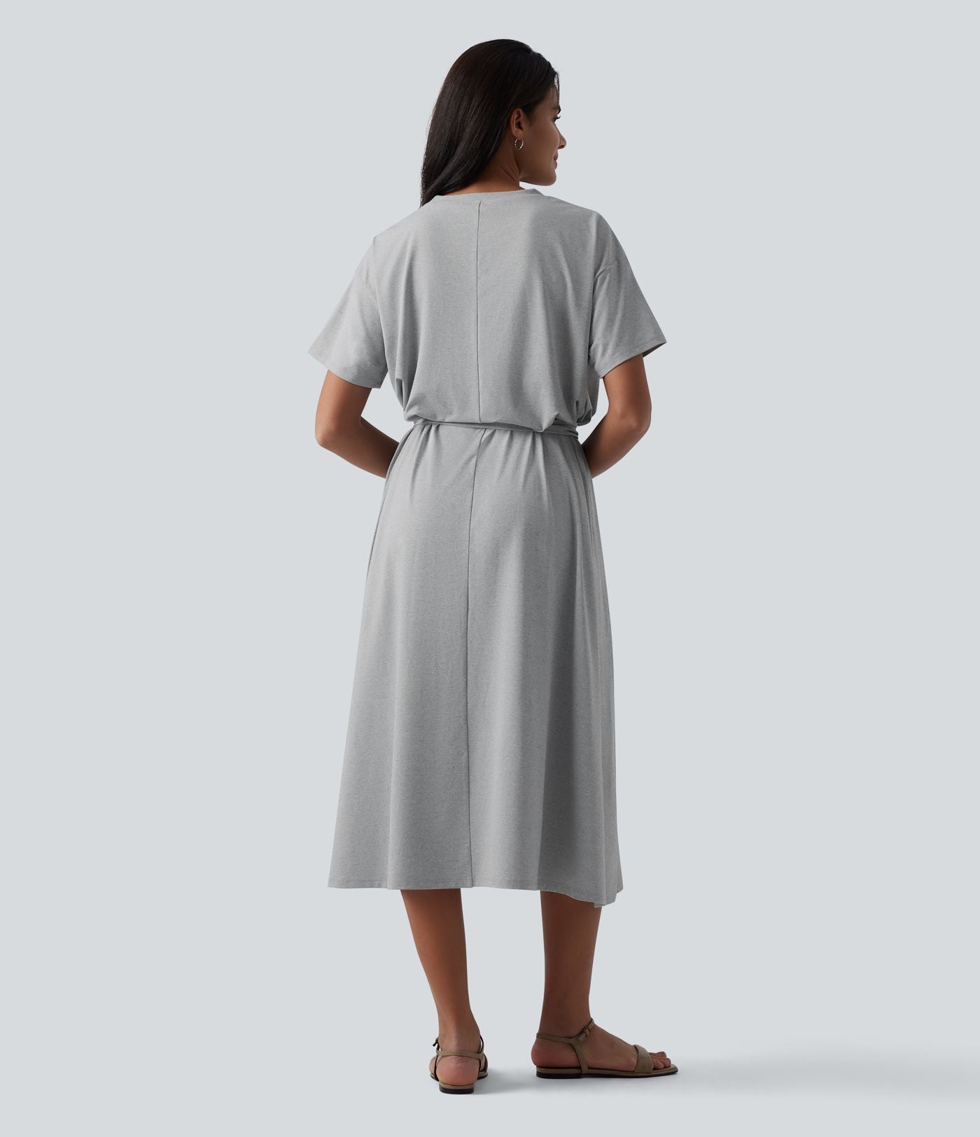 Robe T-shirt casual midi fluide col rond manches courtes avec ceinture et poches