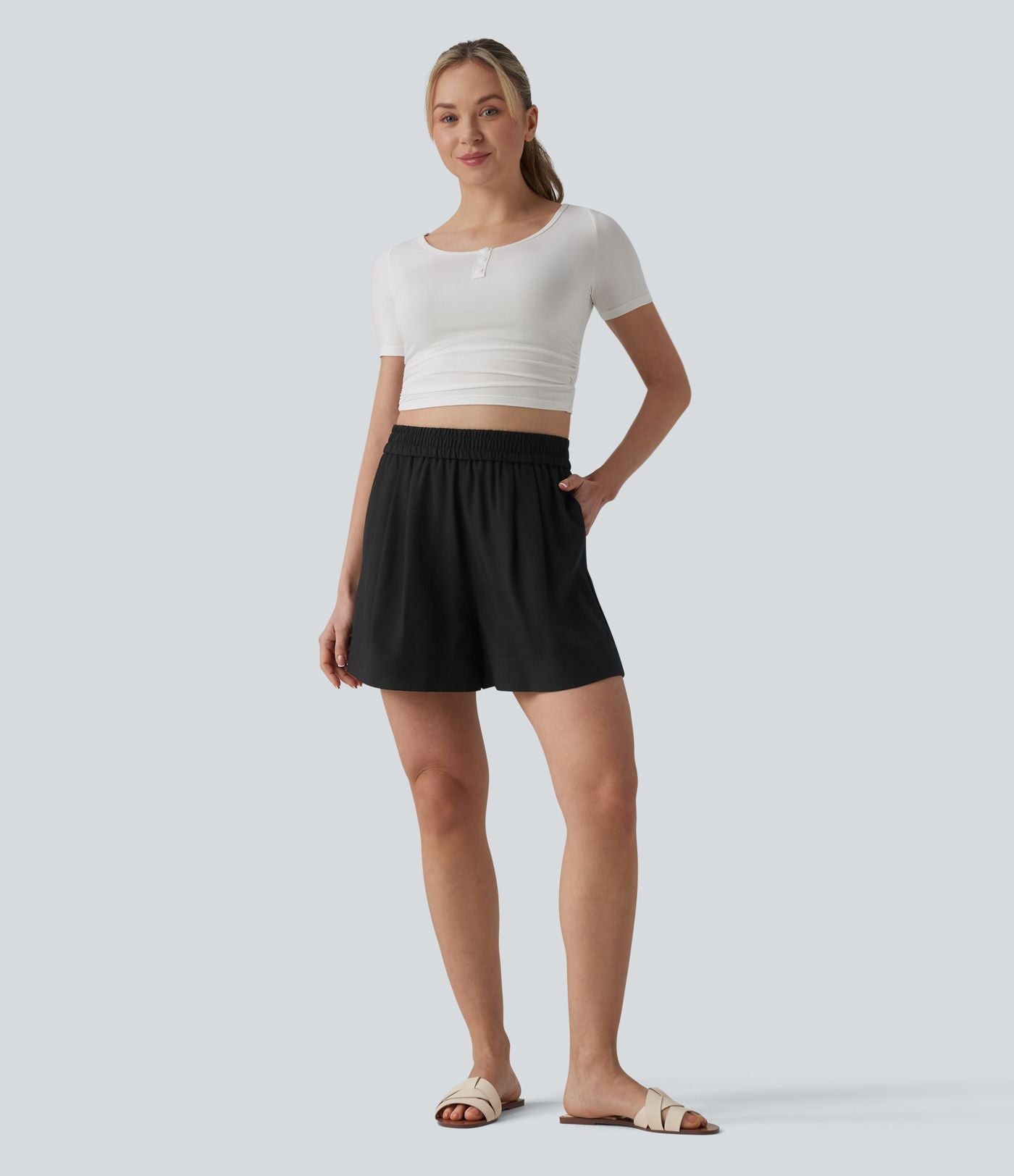 Short décontracté aspect lin taille haute avec poches