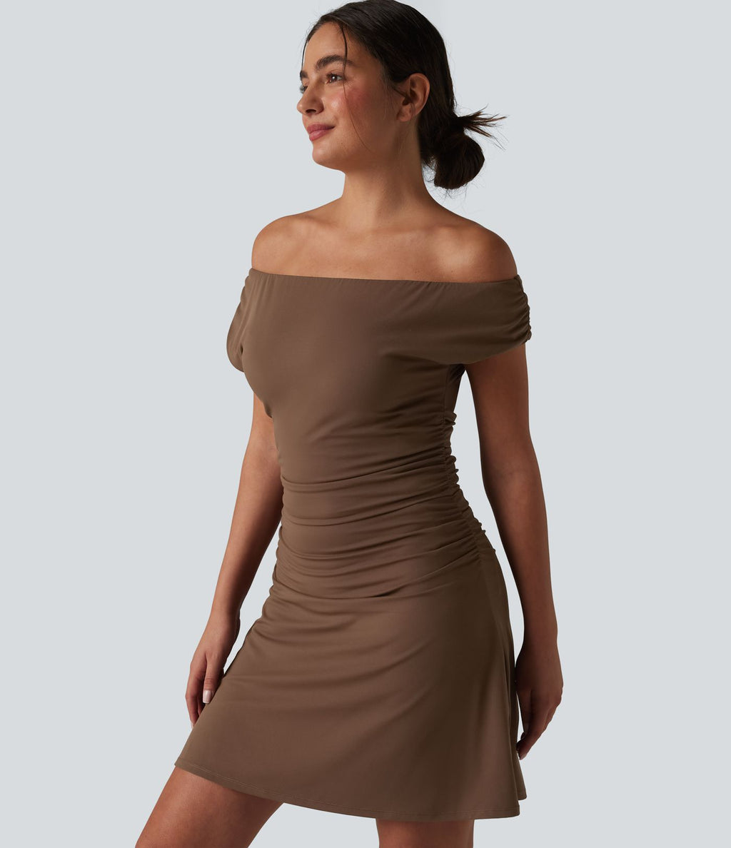 Robe de yoga active 2 en 1 SoftlyZero™ à épaules dénudées, bretelles amovibles et soutien-gorge intégré, avec poches - Facile à porter