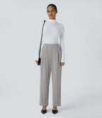 Pantalon décontracté barrel droit en crêpe, taille haute, avec poches