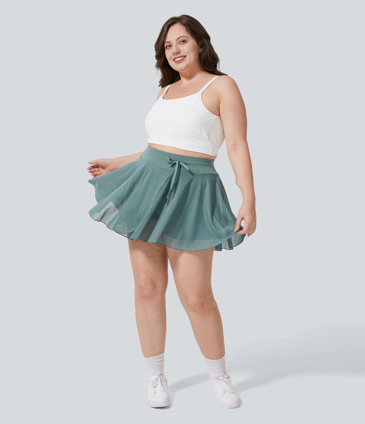 Taille haute Cordon Contraste Maille 2-en-1 Poche Latérale Fluide Mini Flare Décontracté Grande Taille Jupe