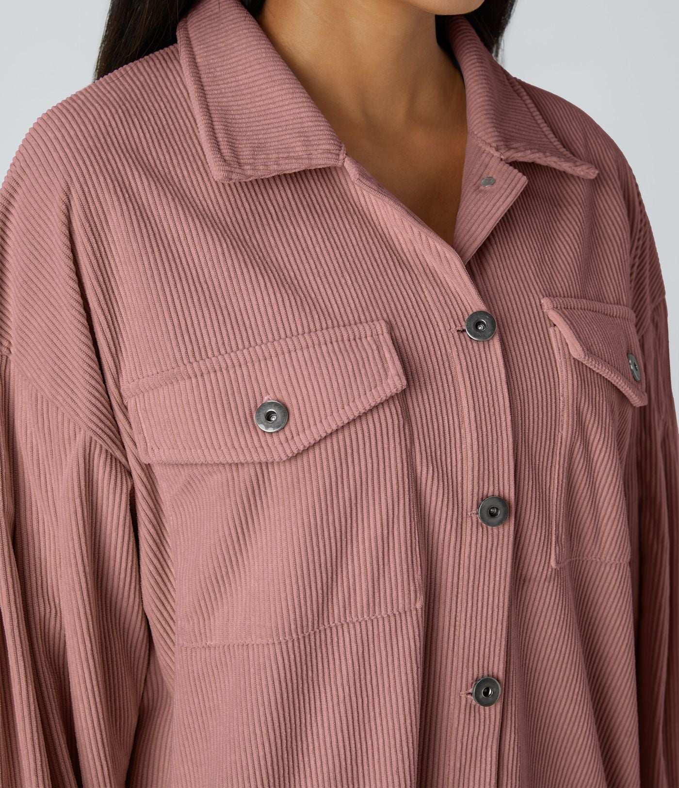 Veste Casual en Velours Côtelé à Col Boutonné Poches et Manches Longues Ourlet Courbé