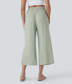 Pantalon décontracté aspect lin 7/8 à taille haute, jambe large avec cordon de serrage et poches latérales