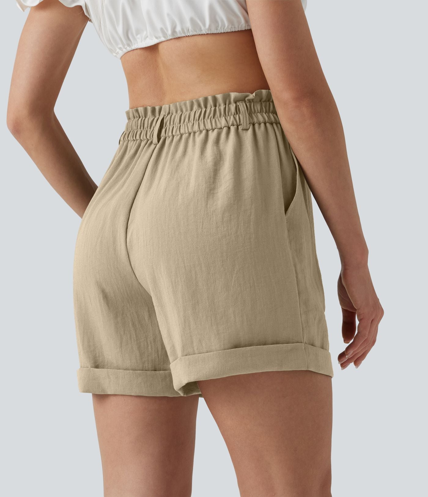 Short resort 12,5 cm taille haute effet lin avec ourlet roulotté et poches