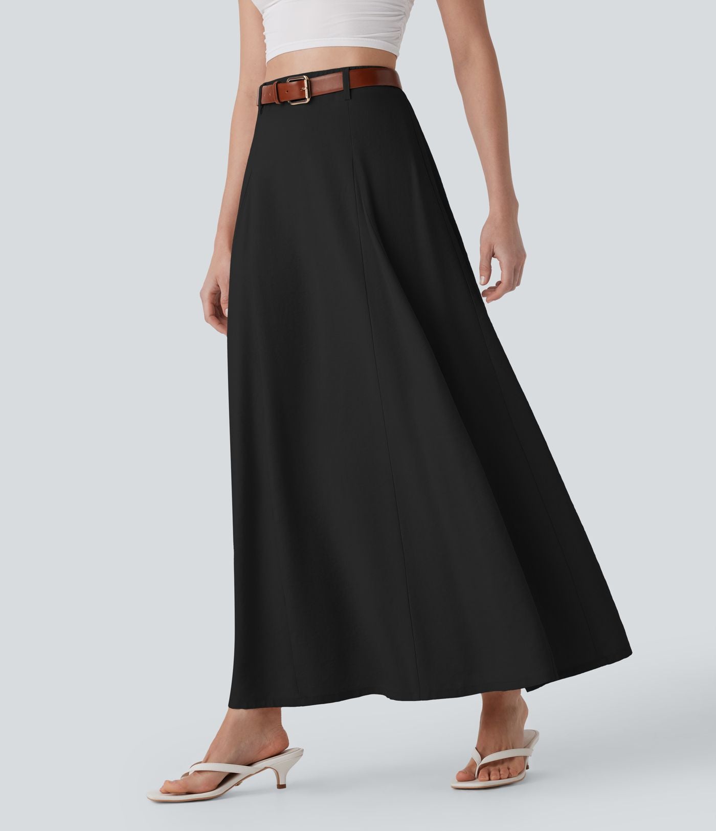 Jupe longue évasée à taille haute avec fermeture éclair invisible, aspect lin