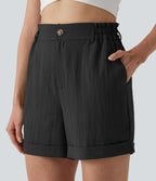 Short resort 12,5 cm taille haute effet lin avec ourlet roulotté et poches