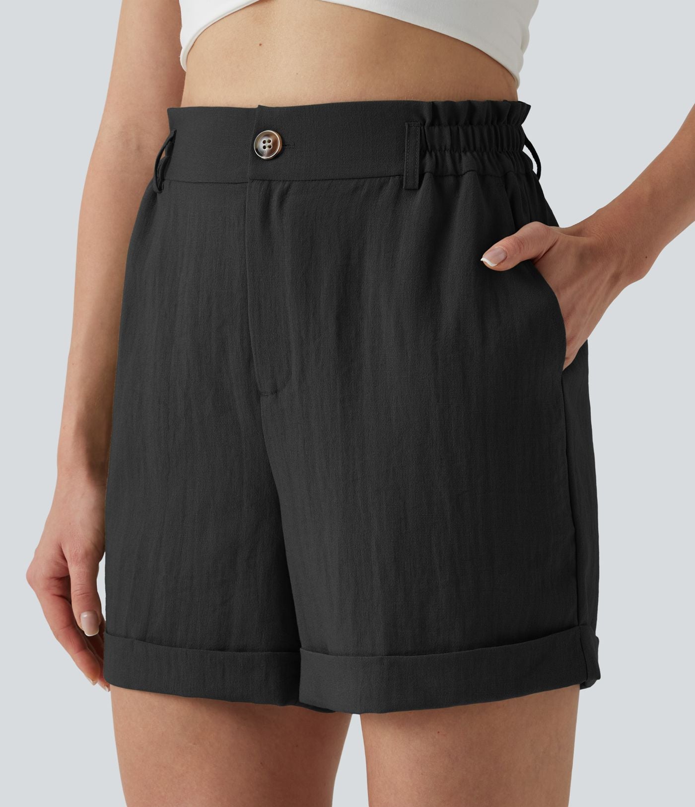 Short resort 12,5 cm taille haute effet lin avec ourlet roulotté et poches