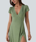 Robe longue fluide col V manches courtes