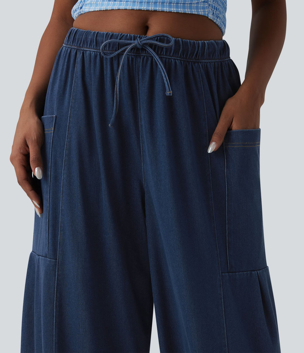 Halara Flex™ Jean large 7/8 casual taille mi-haute en lyocell drapé, avec cordon de serrage et poches