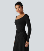 T-shirt tailleur côtelé col henley froncé ourlet arrondi manches longues
