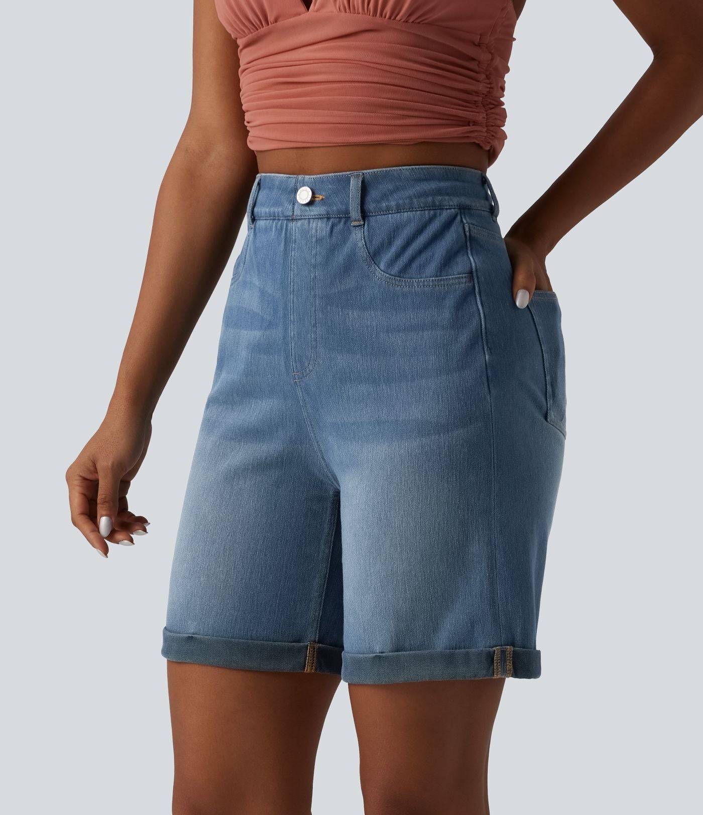 Halara Flex™ Short casual en jean skinny gainant taille haute à ourlet retroussé avec poches