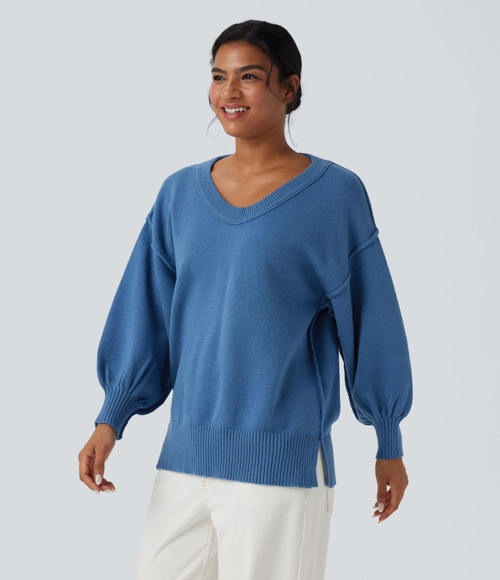 Pull casual col V épaules tombantes manches longues avec fentes