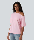 T-shirt décontracté en coton, encolure ronde, découpes et manches mi-longues