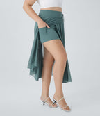 Jupe Taille Haute 2 En 1 En Maille Contrastée Avec Cordon De Serrage Et Poche Latérale Fluide Evasée Casual Grande Taille