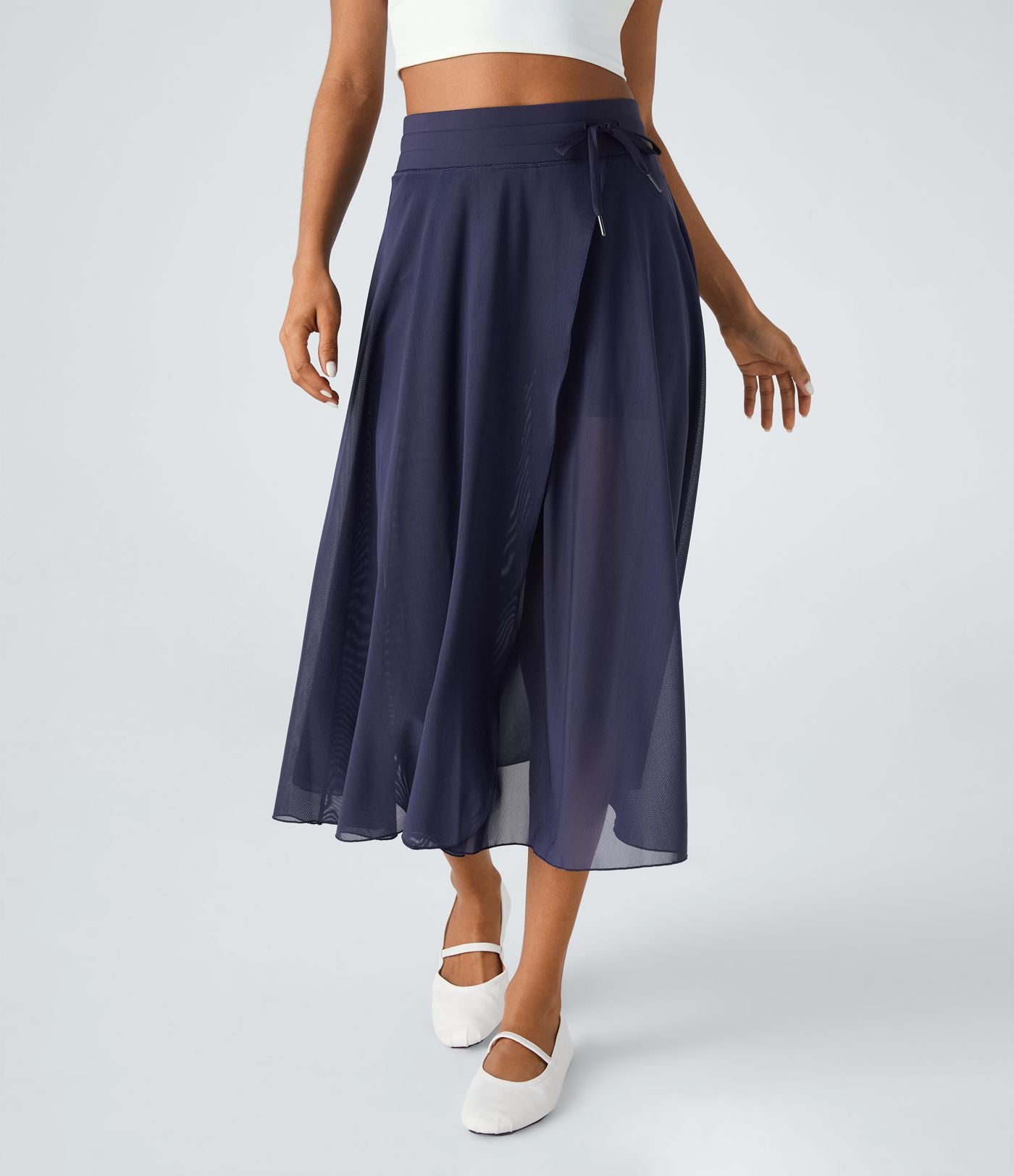 Jupe Casual Évasée Mesh Mi-Longue Fuide 2 en 1 Contrastée Taille Haute Cordon Poche Latérale