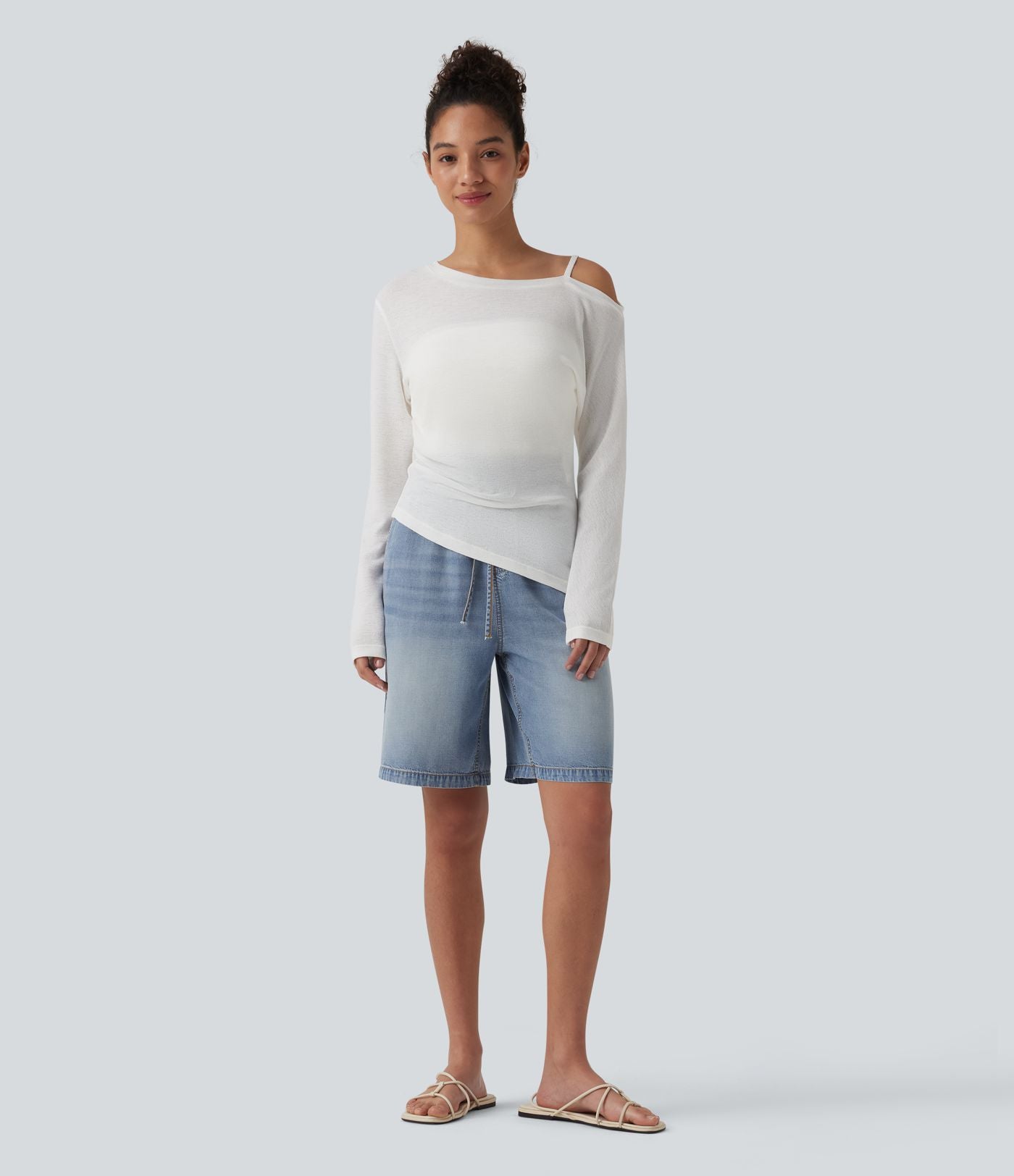 Short denim décontracté taille haute en lyocell 22,8 cm avec cordon de serrage et poches