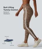 Legging 7/8 d'entraînement Halara UltraSculpt™ imprimé léopard, taille haute, ventre plat, push-up, rayures color block avec poches