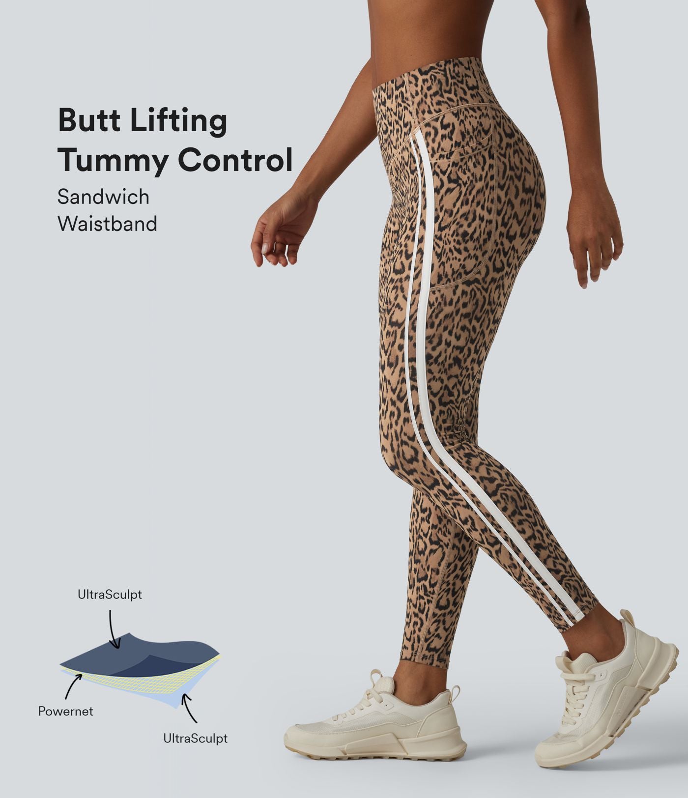 Legging 7/8 d'entraînement Halara UltraSculpt™ imprimé léopard, taille haute, ventre plat, push-up, rayures color block avec poches