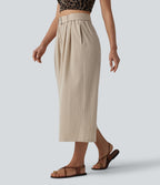 Pantalon large court casual taille haute avec ceinture aspect lin et poches