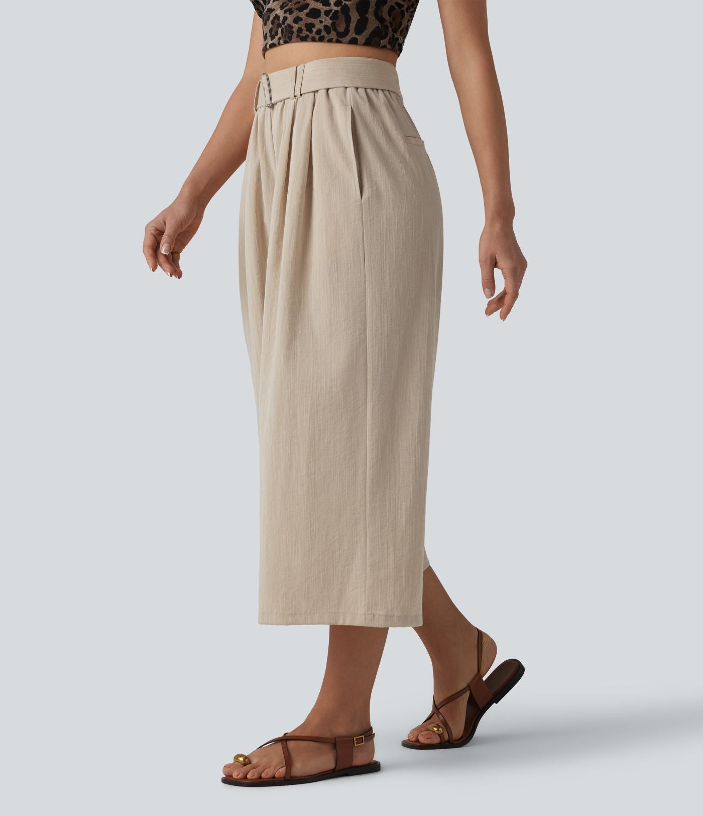 Pantalon large court casual taille haute avec ceinture aspect lin et poches
