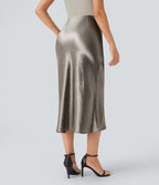 Jupe de midi sirène en satin taille haute avec fermeture éclair invisible
