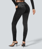 Legging de 7/8 Casual En Velours Avec Poche Latérale Croisée Taille Haute
