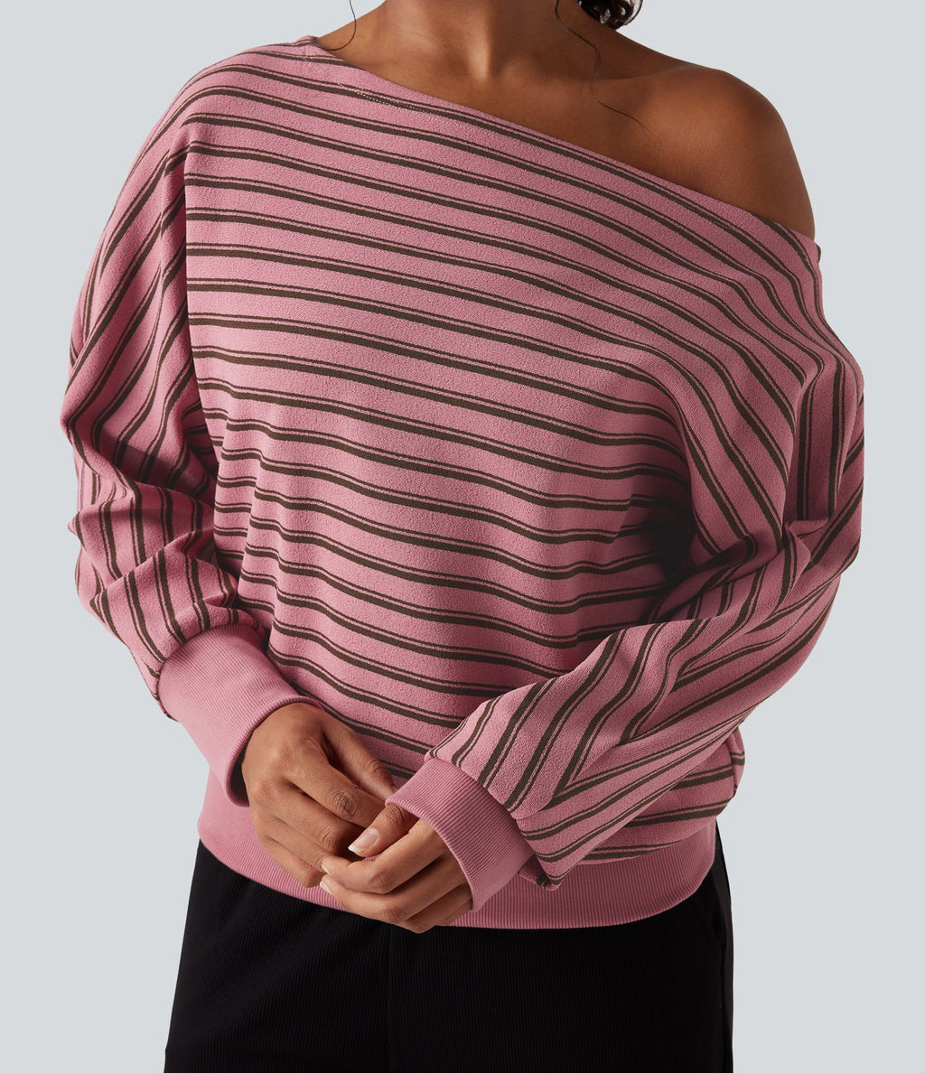 Sweat-shirt rayé épaules dénudées manches longues coupe décontractée