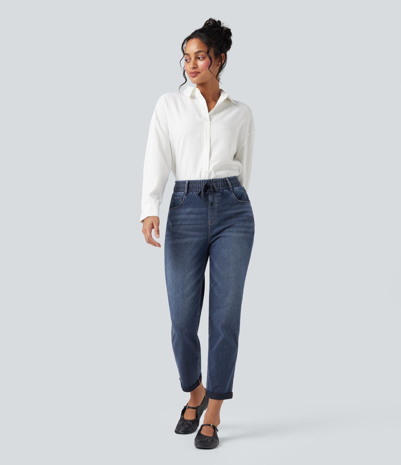 Jean décontracté slim Halara Flex™ taille haute avec cordon de serrage, ourlet retroussé et poches