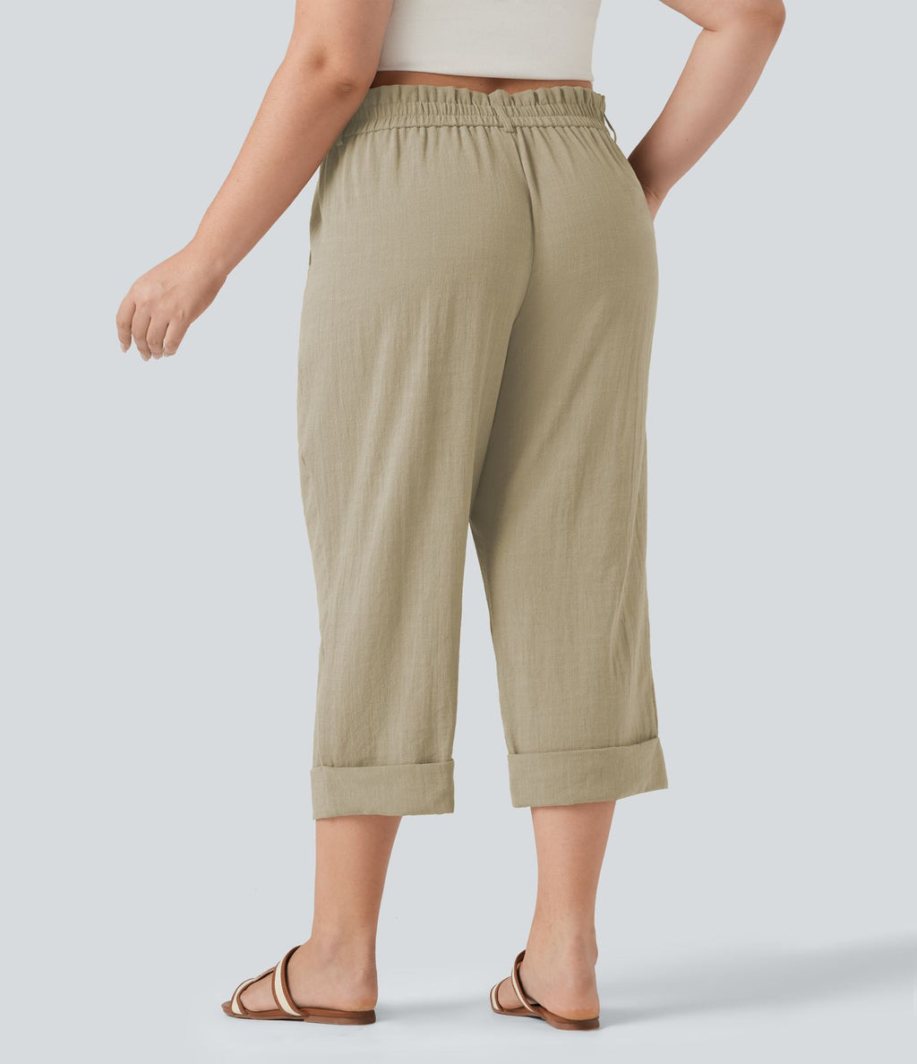 Pantalon de villégiature capri effet lin, grande taille, taille haute, avec poches