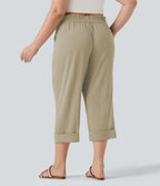Pantalon de villégiature capri effet lin, grande taille, taille haute, avec poches