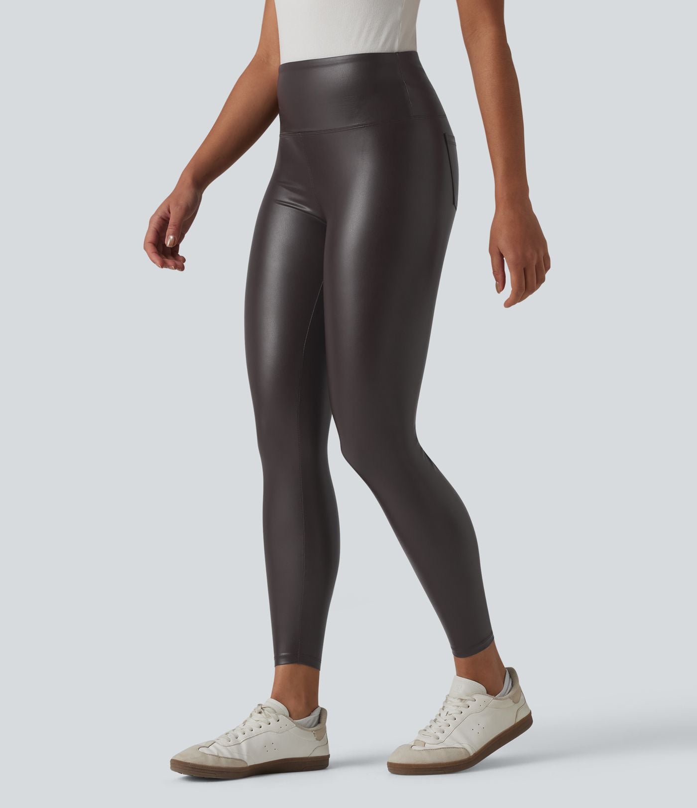 Legging casual 7/8 taille haute ventre plat en similicuir extensible, avec poches