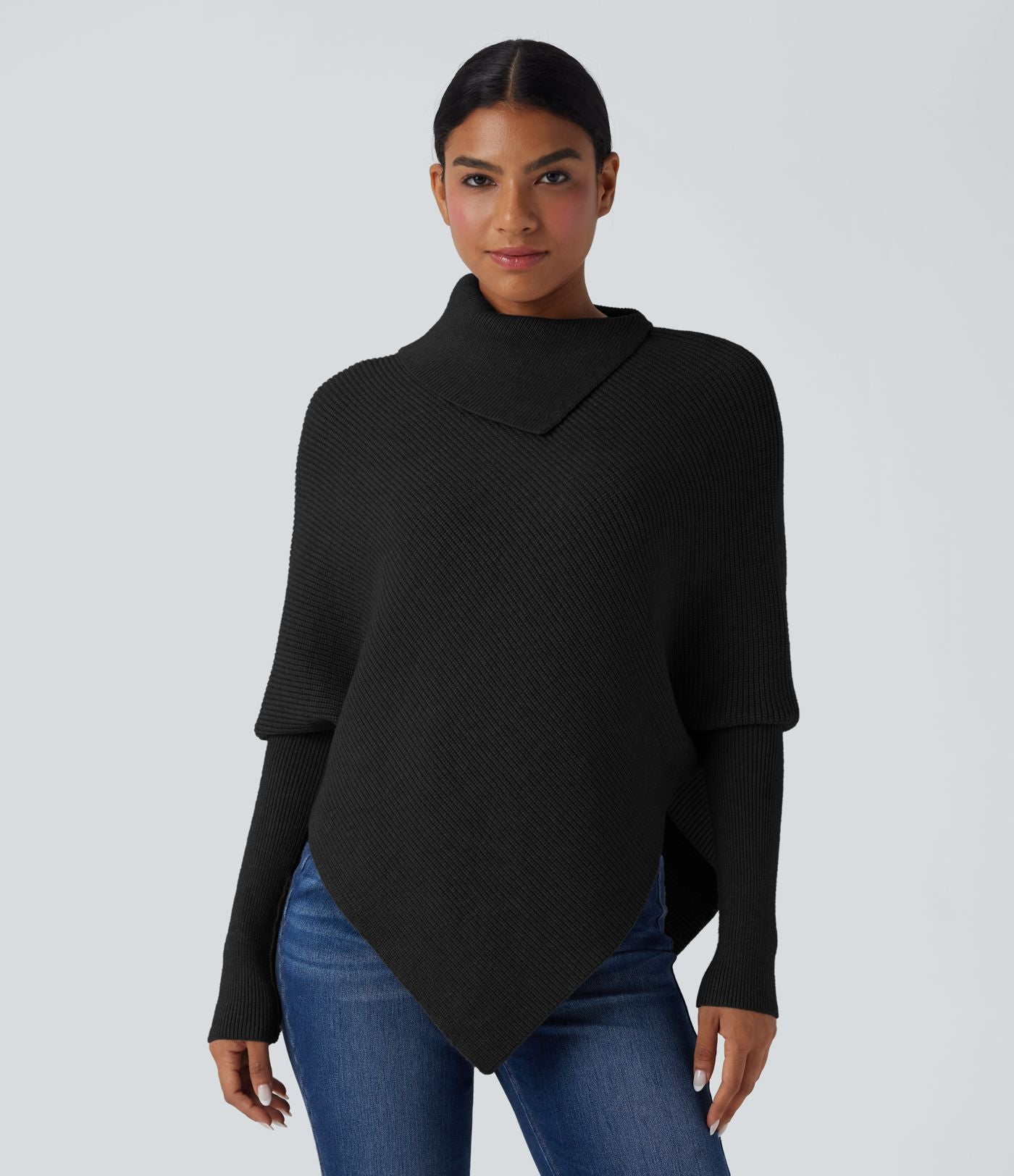 Pull cape décontracté col roulé manches chauve-souris ourlet asymétrique