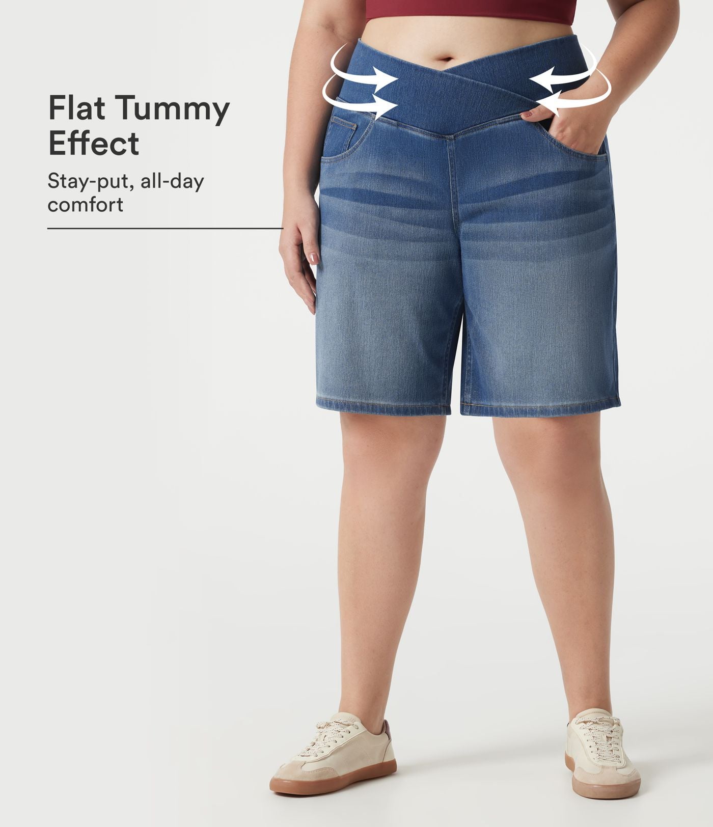 Short baggy grande taille en jean Halara Flex™ Denim taille haute croisée, effet ventre plat, avec poches