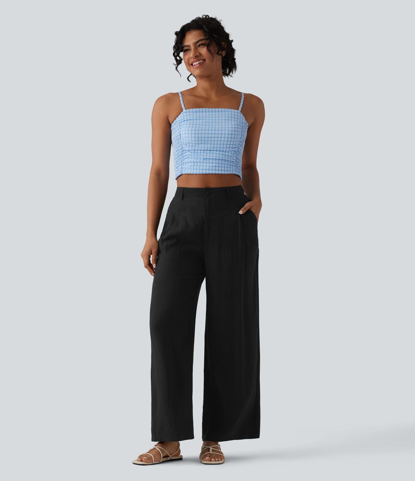 Pantalon large décontracté taille haute aspect lin avec poches