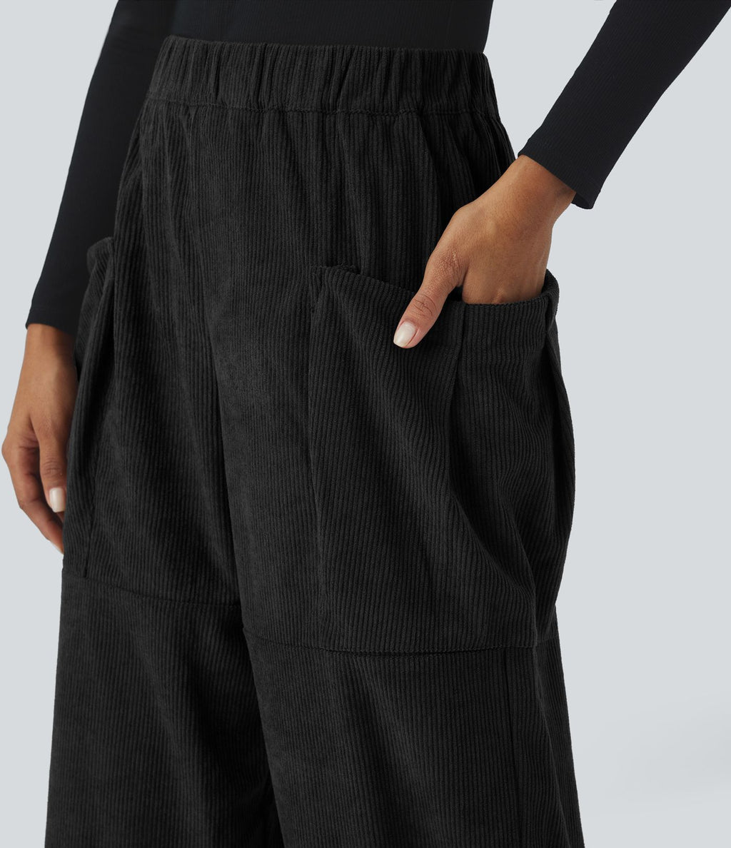 Pantalon décontracté en velours côtelé, taille haute, avec poches