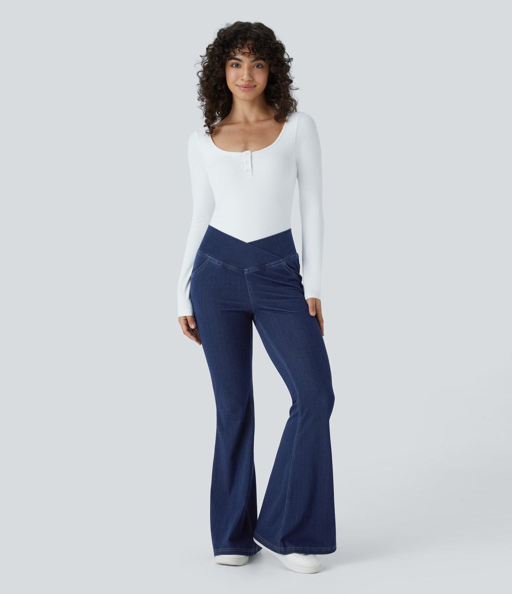 Jean super évasé Halara Flex™ décontracté maille denim extensible délavée effet frais InstantCool taille haute poches croisées