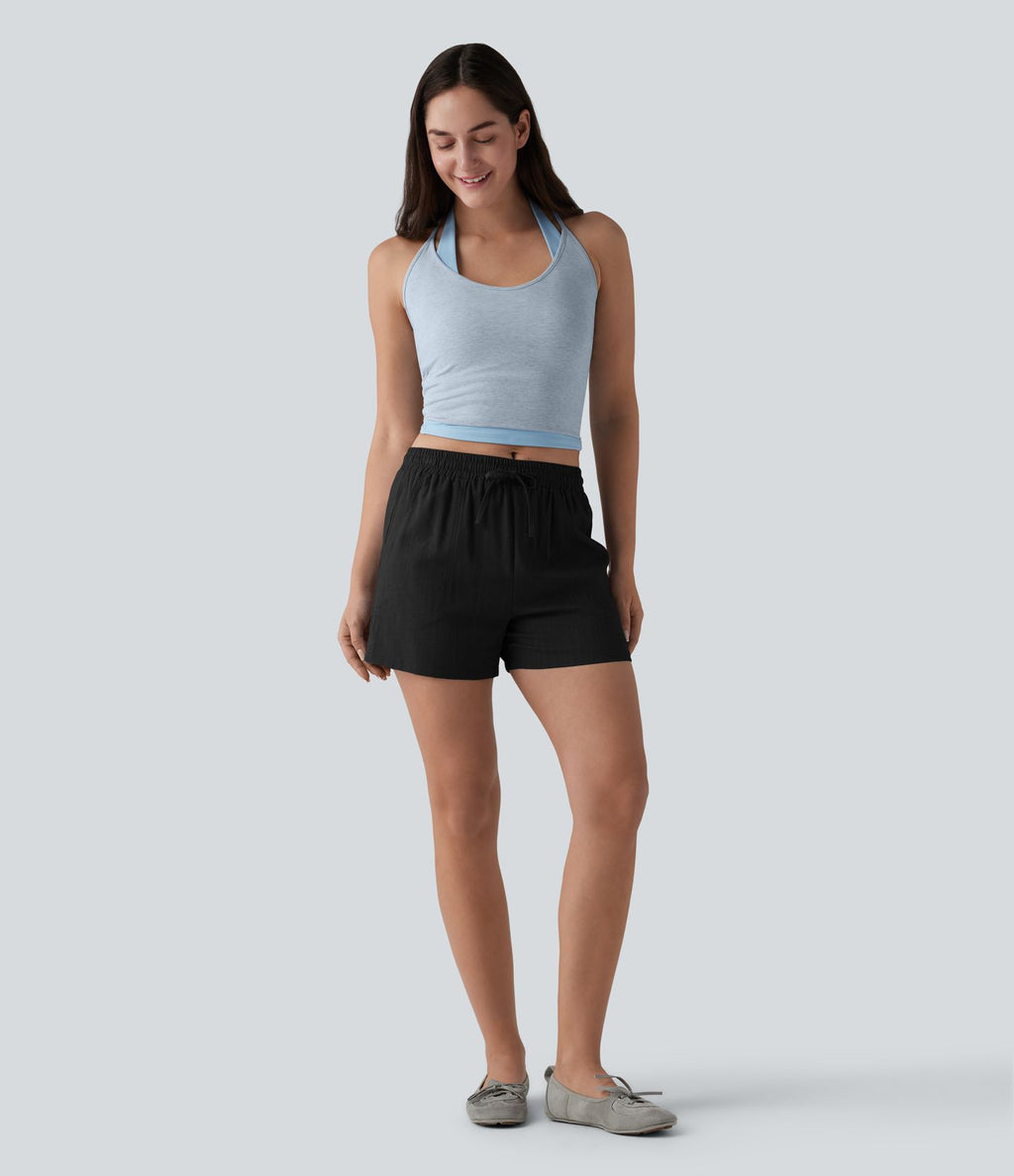 Short casual lin taille mi-haute avec cordon de serrage et poches