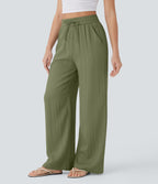 Pantalon large fluide taille haute avec cordon de serrage, poches latérales et aspect lin