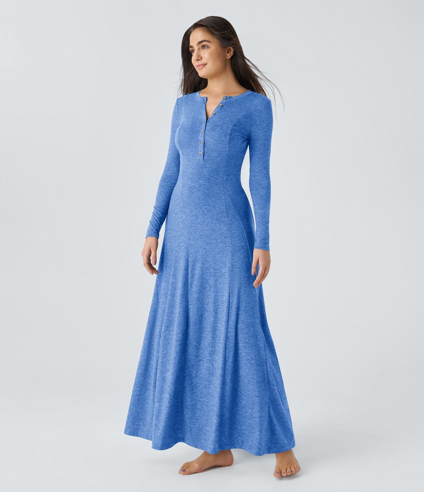 Robe de Casual Maxi Manches Longues Évasées et Boutons au Col Rond