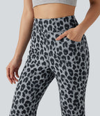 Pantalon flare taille haute en tissu gaufré imprimé léopard avec poches