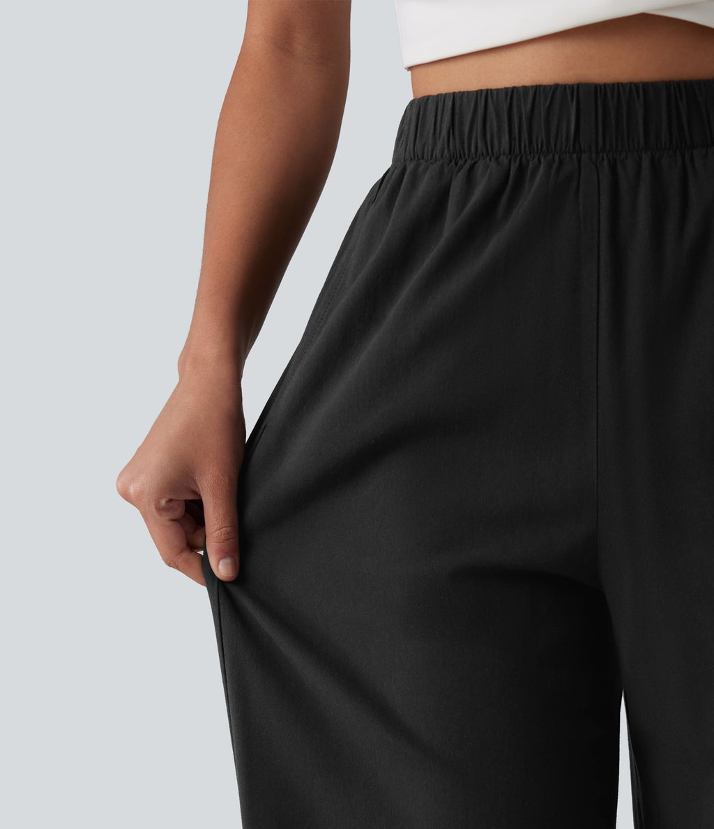 Pantalon casual 7/8 aspect lin stretch coupe droite taille haute avec poches